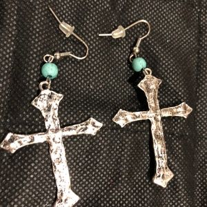 Silver & turquoise cross earrings